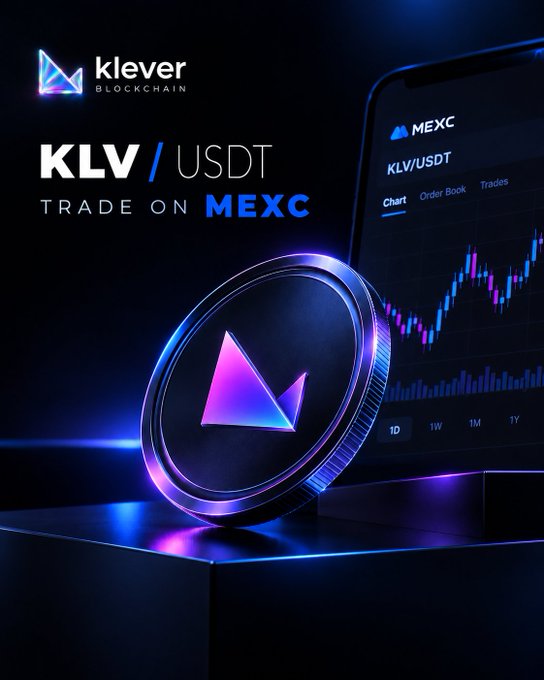 A promotional graphic for Klever Blockchain showing a stylized KLV coin, with text 'KLV/USDT TRADE ON MEXC' and a background image of a phone displaying a trading chart.