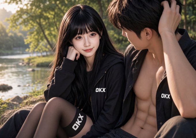 A couple sitting outdoors by water, both wearing matching black jackets with "OKX" branding, with the shirtless man leaning toward the smiling woman.