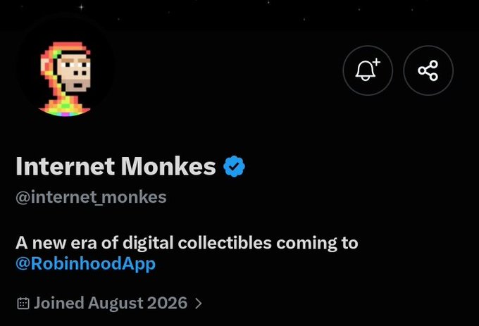 A Twitter/X profile page for "Internet Monkes" (@internet_monkes) showing a pixelated avatar with the bio "A new era of digital collectibles coming to @RobinhoodApp" and a join date of August 2026. The profile relates to the post about buying Nodes for minting eligibility, indicating that Internet Monkes is a digital collectible (NFT) project on Robinhood with a current floor price of 0.0374 ETH on OpenSea.