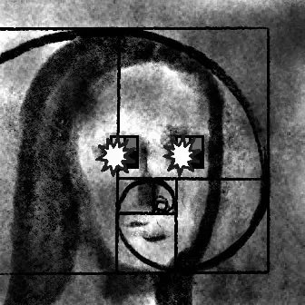 A black and white image overlay of the Mona Lisa with the Fibonacci golden ratio spiral and star shapes superimposed over her face and eyes.