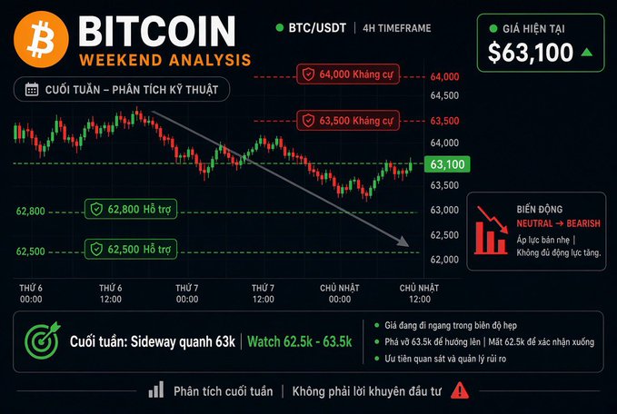 A 'BITCOIN WEEKEND ANALYSIS' chart for BTC/USDT on a 4H timeframe showing a current price of $63,100, with resistance at 63,500 and 64,000 and support at 62,500 and 62,800, marked as 'NEUTRAL → BEARISH.'