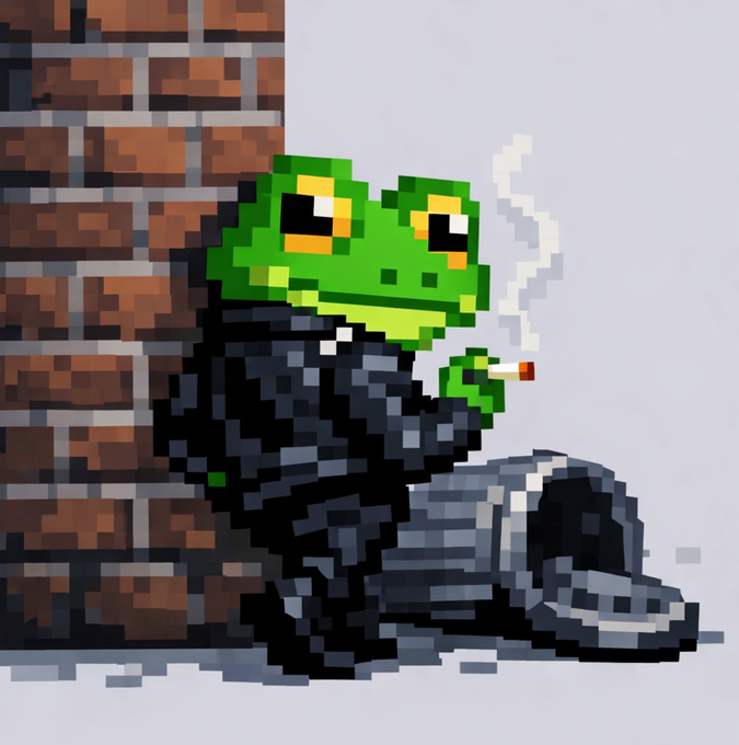 A pixel art illustration of an anthropomorphic green frog wearing a dark coat, sitting against a brick wall while smoking a cigarette.