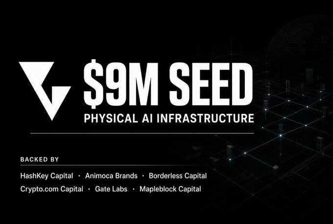 Announcement graphic for a $9M Seed funding round for Physical AI Infrastructure, backed by HashKey Capital, Animoca Brands, Borderless Capital, Crypto.com Capital, Gate Labs, and Mapleblock Capital.
