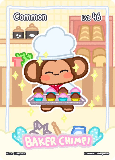 A digital trading card titled 'BAKER CHIMP!' depicts a cartoon chimpanzee wearing a chef's hat and holding a tray of cupcakes, labeled 'Common' and 'LVL 46'.
