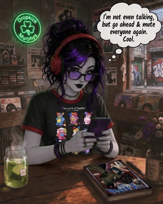 A goth woman with purple-streaked hair, sunglasses, and a Dropkick Murphys shirt sits at a record store café looking at her phone, with a thought bubble reading "I'm not even talking, but go ahead & mute everyone again. Cool." The image humorously captures the post's point about cohosts needing to mute disruptive participants (like crypto bros entering political spaces) to effectively run a Twitter Space.