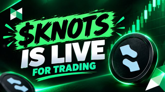 A promotional graphic announcing "$KNOTS IS LIVE FOR TRADING" features bold white and black text against a green brushstroke background, accompanied by the Poloniex logo, 3D KNOTS coin tokens, and a green candlestick chart, visually celebrating the token's new listing on the exchange.