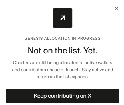 A popup displaying "GENESIS ALLOCATION IN PROGRESS - Not on the list. Yet." with a message explaining that charters are still being allocated to active wallets and contributors ahead of launch, alongside a "Keep contributing on X" button. The image relates to the post by showing the user hasn't yet secured a spot on the @standard_rsv genesis list, despite promoting the project's tokenomics-driven NFT banking model.