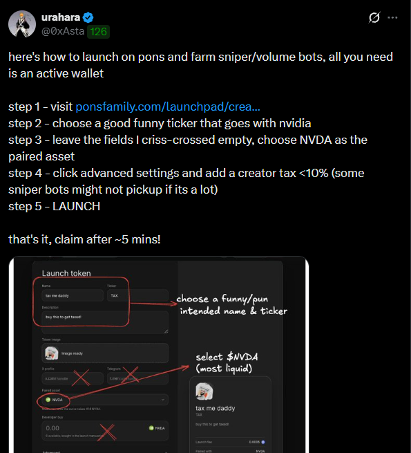 A screenshot of a tweet by urahara (@0xAsta) explaining how to launch a meme coin on pons.family to farm sniper bots, with instructions to use the ticker 'TAX' and pair it with NVDA.