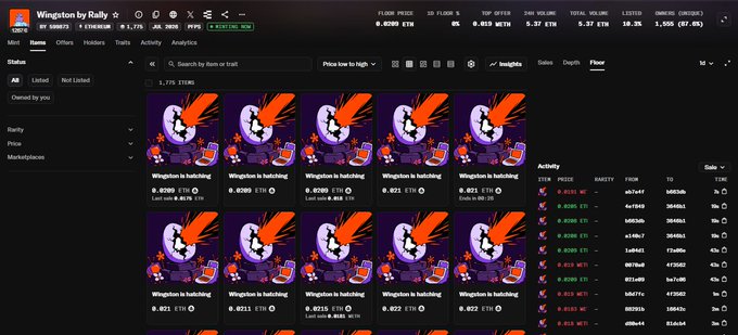 OpenSea NFT marketplace page for 'Wington by Rally' collection, showing multiple 'Wington is hatching' items priced at 0.02 ETH with floor price data.
