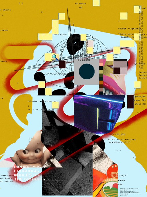 A chaotic digital collage featuring abstract shapes, glitchy textures, code snippets, and distorted imagery with text fragments like 'corruption', 'ghost_02', and 'LIQUIDITY IS... WHALES ARE THE DRIVER'.