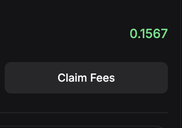 A dark screen showing '0.1567' in green text at the top right and a 'Claim Fees' button in the center.