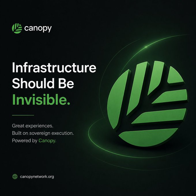 A promotional graphic for Canopy Network with the tagline 'Infrastructure Should Be Invisible' and 'Great experiences. Built on sovereign execution. Powered by Canopy.' against a dark background with a green leaf logo.