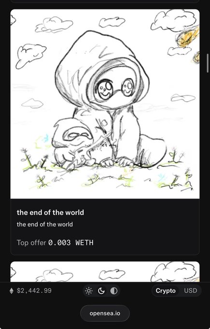 An OpenSea NFT listing shows a sketch titled 'the end of the world' with a top offer of 0.003 WETH, displayed at a price of $2,442.99.