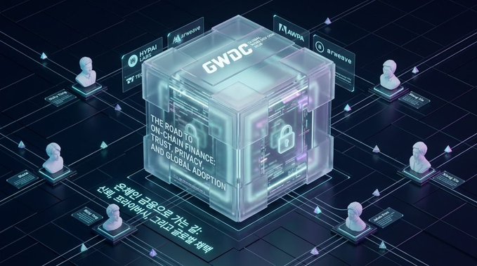A 3D isometric graphic titled "GWDC" featuring a glowing cube with text "THE ROAD TO ON-CHAIN FINANCE: TRUST, PRIVACY, AND GLOBAL ADOPTION" alongside logos including HYPALINK, AWDA, and arnonceye, with Korean text below.