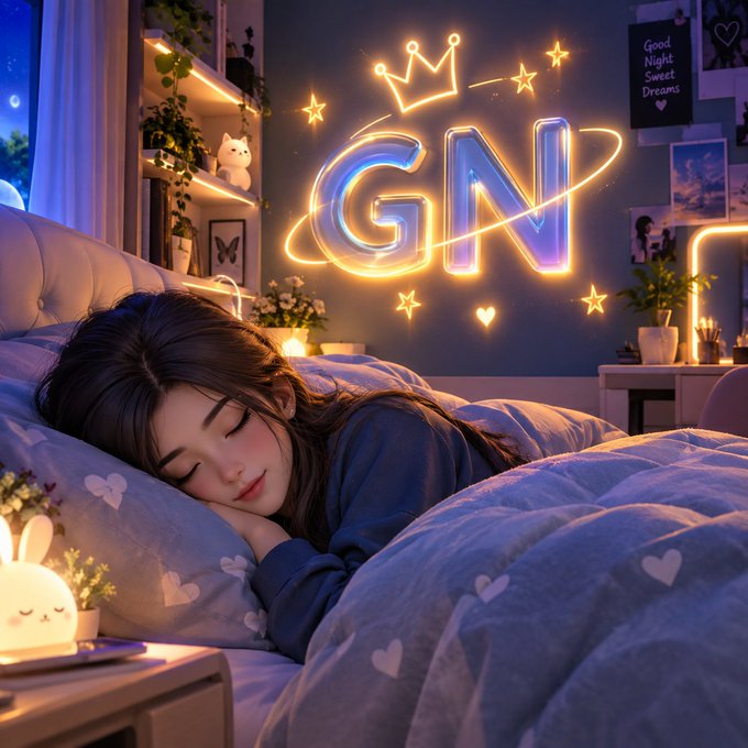 An anime-style illustration of a young woman sleeping peacefully in bed with a glowing "GN" neon sign above her, set in a cozy blue-toned bedroom with stars and a crown decoration.