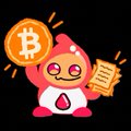 A cartoon character wearing a hooded robe holds a Bitcoin (₿) coin in one hand and a scroll or document in the other, with stars in the background.