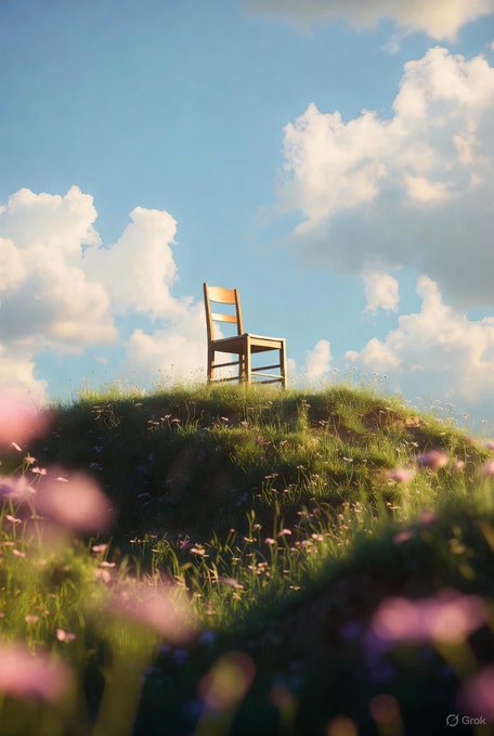 A serene digital artwork showing a lone wooden chair atop a grassy hill dotted with flowers, set against a backdrop of blue sky and fluffy white clouds, with a 'Grok' watermark in the corner.