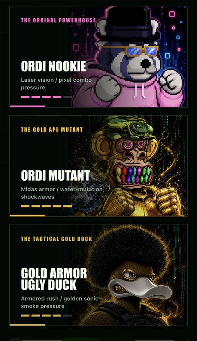 A character showcase for Ordinals/coins featuring three NFT-style designs: "ORDI NOOKIE" (an otter), "ORDI MUTANT" (a gold ape), and "GOLD ARMOR UGLY DUCK," each with stat descriptions like "laser vision" and "Midas armor."