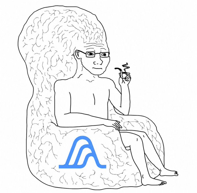A black-and-white line drawing depicts a nude figure with glasses sitting in a brain-shaped chair with the Atlassian logo on it, holding a small smoking cup.