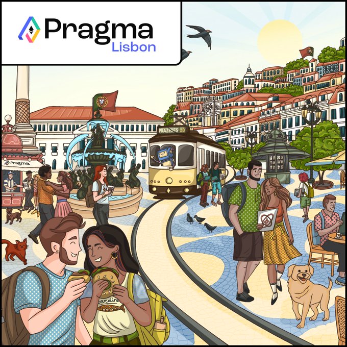 An illustrated promotional image for 'Pragma Lisbon' showing a colorful cartoon scene of Lisbon, Portugal with a yellow tram, fountain, Portuguese flag, tourists, and historic buildings in the background.