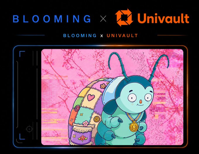 The image features a promotional collaboration between "BLOOMING" and "Univault," displaying a cartoon bug character with a medal alongside a colorful patchwork backpack against a pink cherry blossom background. This visually supports the post announcing a partnership where 5 Blooming holders will gain early access to the phase 2 mint of Univault's Genesis Bugz NFT collection.
