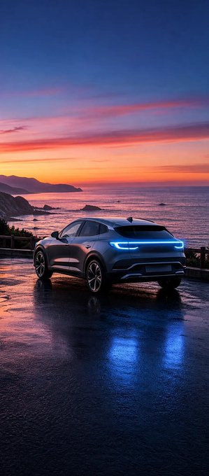 A sleek dark SUV is parked on a wet road overlooking the ocean at sunset, with its taillights glowing against a dramatic sky of pink and orange hues.
