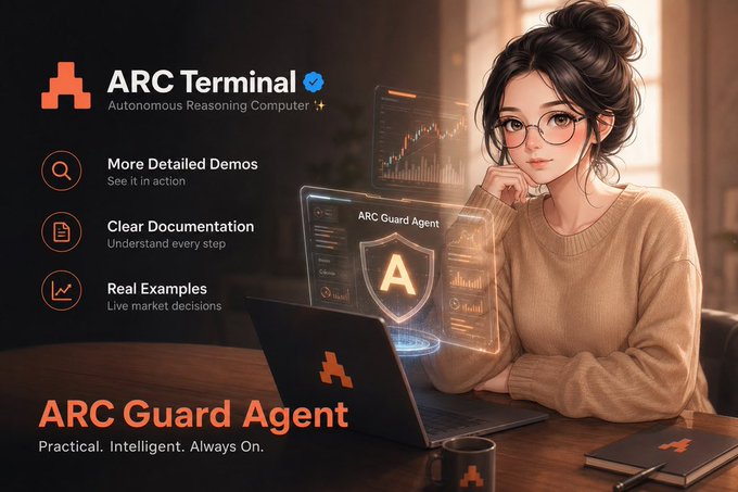 A promotional graphic for "ARC Terminal - Autonomous Reasoning Computer" featuring an illustrated woman with glasses working on a laptop displaying an "ARC Guard Agent" shield interface, with bullet points listing "More Detailed Demos," "Clear Documentation," and "Real Examples," alongside the tagline "ARC Guard Agent - Practical. Intelligent. Always On."