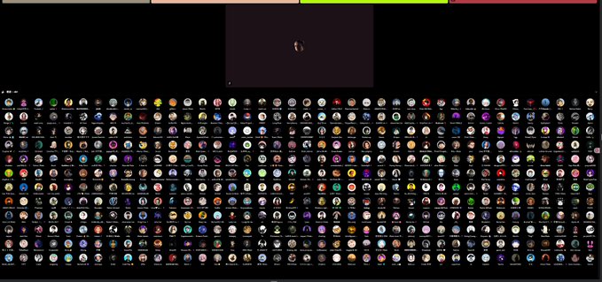 A screenshot of a video game character selection screen displaying a massive grid of circular character icons with a single character previewed in the center.