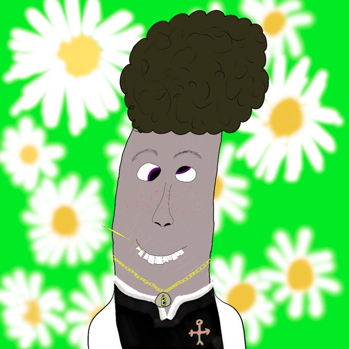 A cartoon illustration of a character with a tall, rectangular gray head, an afro, a white clerical collar with a cross, and a 'P' pendant, set against a bright green background with white daisies.