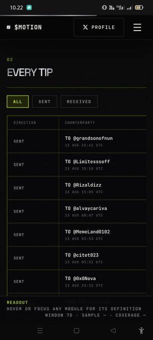 A mobile app screenshot showing the '$MOTION' platform's 'EVERY TIP' page, listing sent tips to various users like @grandsomofnun and @Limitlesssoff with timestamps.