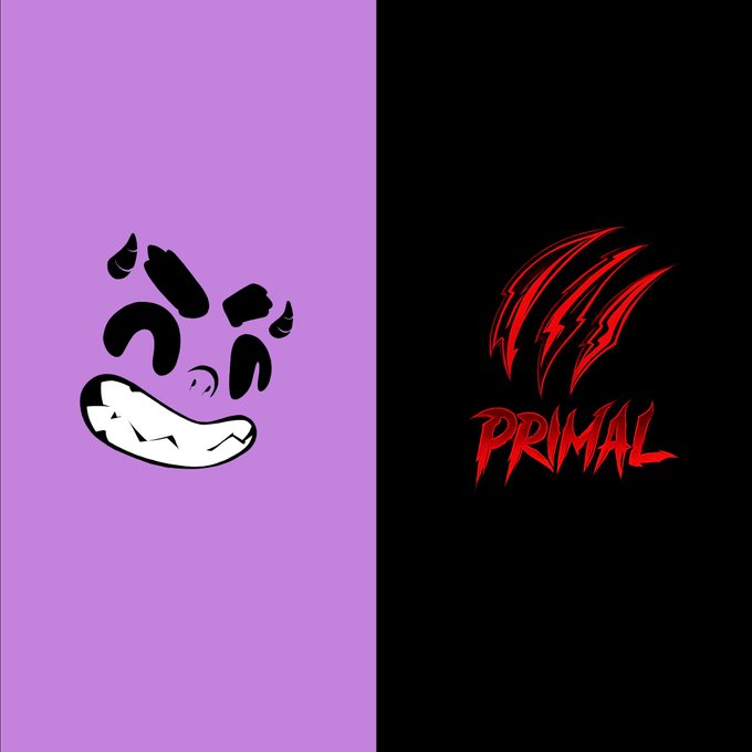 A split image featuring a cartoonish grinning bear face on a purple background alongside the red "PRIMAL" text logo with claw marks on a black background, representing a collaboration announcement between the two NFT projects.