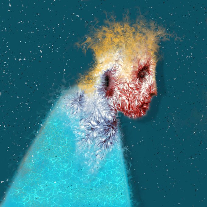 An abstract, textured portrait of a figure with a yellow crown-like top and a red, wrinkled face set against a turquoise, crackled background with dark speckles.