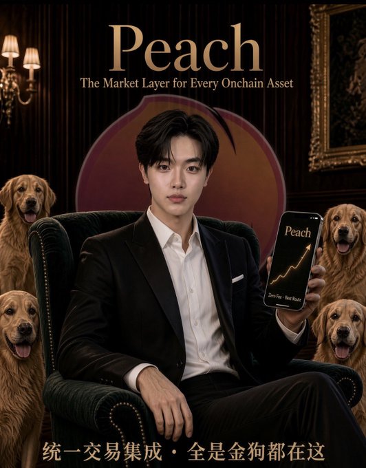 Promotional poster reading 'Peach - The Market Layer for Every Onchain Asset' featuring a man in a suit holding a phone with an upward chart, flanked by golden retrievers, with Chinese text '统一交易集成·全是金狗都在这' at the bottom.