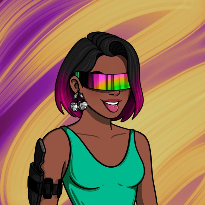 A vibrant digital illustration of a smiling female NFT character with pink-tipped black hair, futuristic rainbow visor sunglasses, silver earrings, and a teal tank top, set against a swirling purple and orange background. She represents the Vault Runners NFT collection featured in the giveaway.