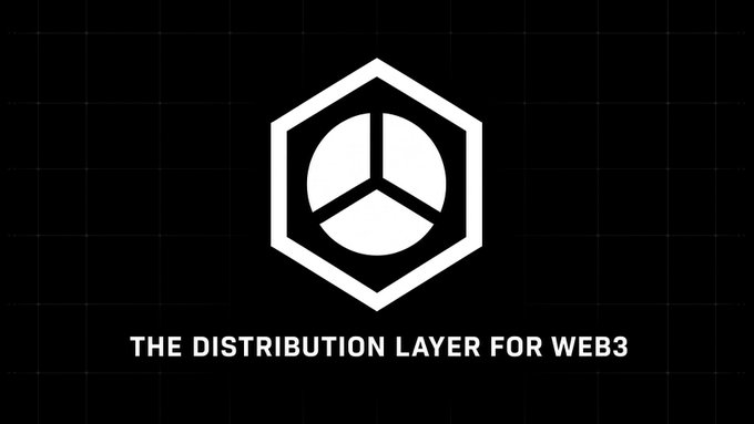 A black background displaying a white hexagonal logo containing a circular symbol, with the text 'THE DISTRIBUTION LAYER FOR WEB3' at the bottom.