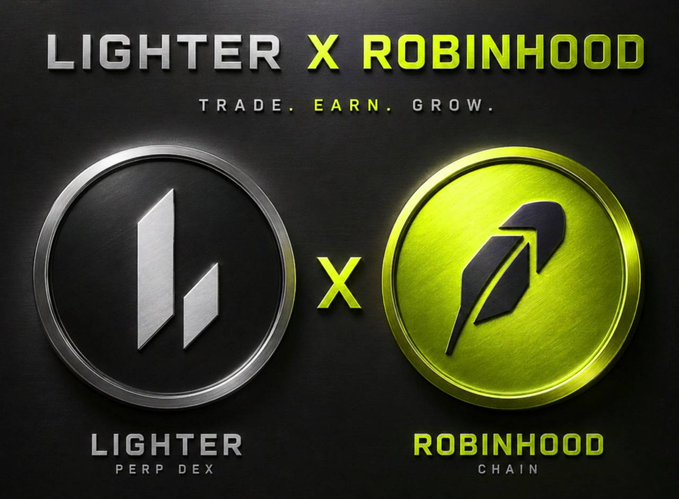 A promotional graphic announcing the "LIGHTER X ROBINHOOD" partnership with the tagline "TRADE. EARN. GROW." featuring two metallic coin logos—one black and silver for "LIGHTER PERP DEX" and one green and black for "ROBINHOOD CHAIN"—separated by a yellow "X," directly illustrating the collaboration behind the $LIT points program mentioned in the post.