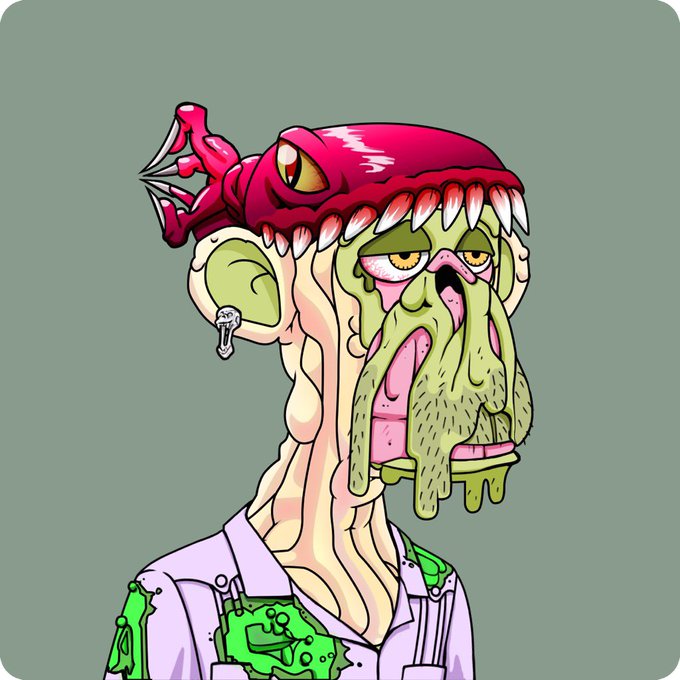 An illustration of a grotesque, zombie-like character with a red anglerfish on its head, drooling green slime, wearing a lab coat.