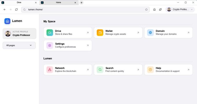 A screenshot of a web browser displaying the 'Lumen' platform home page with sections for My Space and Lumen features, with the active profile named 'Crypto Professor'.