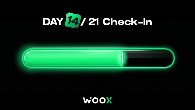 A digital progress bar graphic with green glowing fill reads 'DAY 14 / 21 Check-In' and 'WOOX' on a black background.