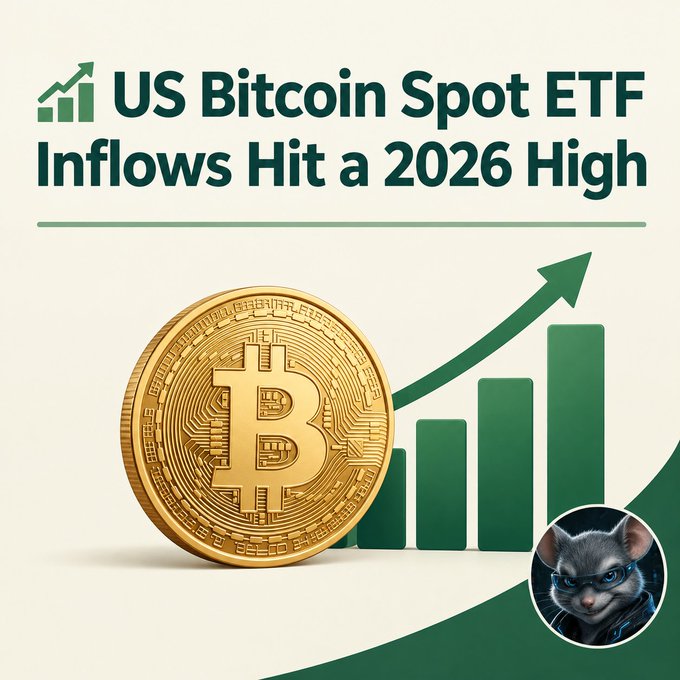 A promotional graphic reading 'US Bitcoin Spot ETF Inflows Hit a 2026 High' featuring a gold Bitcoin coin, a green ascending bar chart with an upward arrow, and a circular logo of a cat wearing glasses.