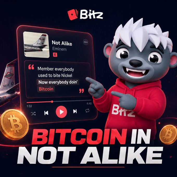 A promotional graphic featuring a gray cartoon mascot in a red 'BitZ' hoodie pointing to a music player interface showing Eminem's 'Not Alike,' with the text 'BITCOIN IN NOT ALIKE' prominently displayed.