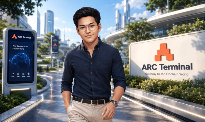 A digital illustration of a young man in a dark blue shirt standing in a futuristic city setting with 'ARC Terminal - Gateway to the Onchain World' signage visible on a digital kiosk and wall behind him.