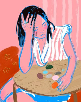 A digital illustration of a distressed woman with dark hair sitting at a wooden table, resting her head on her hand, with colorful pastel shapes scattered on the table before her.