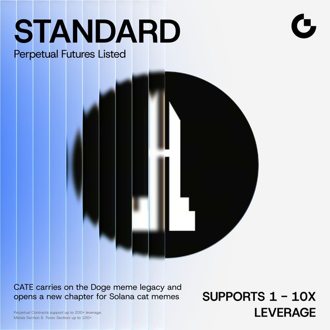 A promotional graphic for the Gate.io futures listing of the STANDARD token, featuring a stylized black "S" logo with the text "STANDARD Perpetual Futures Listed" and "SUPPORTS 1 – 10X LEVERAGE." The image highlights the token's design as a continuation of the Doge meme legacy with a new Solana cat meme, aligning with Gate.io's announcement of the new perpetual futures trading pair supporting up to 10x leverage, bots, and copy trading.