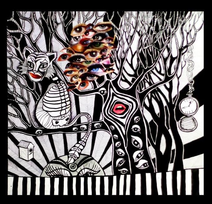 A surreal black and white illustration filled with intricate patterns features a cluster of colored eyes, a cat face, snakes, a cobra, a hanging pocket watch, and piano keys along the bottom.