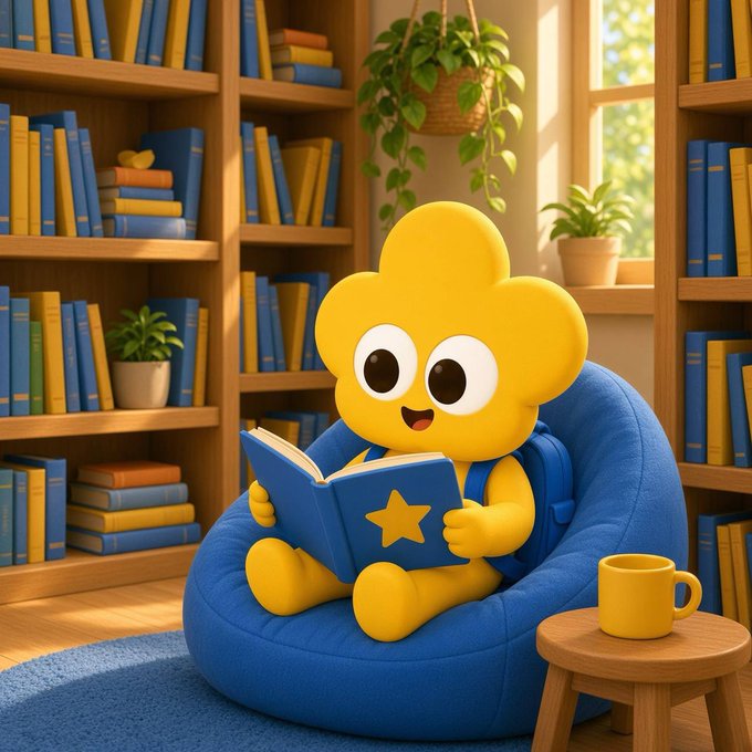 A cheerful yellow flower-like mascot with a star on its chest sits in a blue beanbag chair reading a book, surrounded by bookshelves, potted plants, and a yellow mug on a side stool.