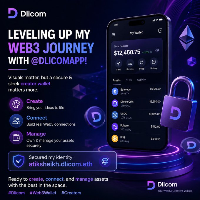 The image features a cell phone displaying an app called "DlicomApp" with a lock screen, indicating that the user's identity has been secured for this particular app. The app description emphasizes the importance of visual aesthetics and security while creating a wallet on the Web3 platform. It also highlights the need to connect with others in the space and manage assets effectively.