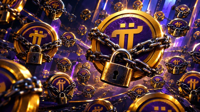A digital artwork showing multiple Pi cryptocurrency coins wrapped in chains with padlocks, rendered in gold and purple colors.