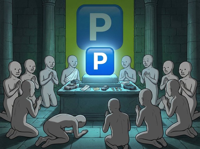 A cult of featureless figures kneels in reverence around a glowing "P" token altar scattered with toy cars and cash, depicting the "Prophecy" of PONS being fulfilled with its first token deployment.