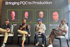 A panel discussion photo titled 'Bringing PQC to Production' featuring four men seated on stage in front of a screen displaying their faces.